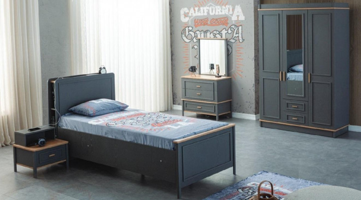 Children's bed children's room kids' furniture set gray wood bed set 5-piece