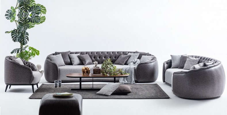 Luxury Villa Furniture Grey Chesterfield Sofa Set Fabric Couches Textile 4+3+1