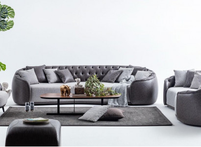 Luxury Villa Furniture Grey Chesterfield Sofa Set Fabric Couches Textile 4+3+1