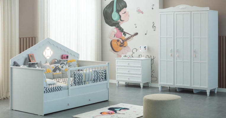 Crib set children's playpen bed white wood set 3-piece