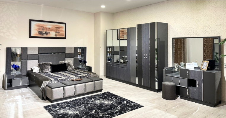 Luxury Gray Complete Bedroom Double Bed 2x Nightstands Wardrobe
