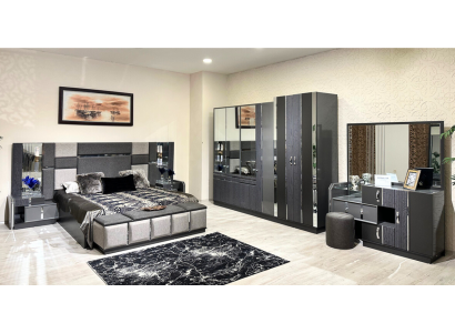 Luxury Gray Complete Bedroom Double Bed 2x Nightstands Wardrobe