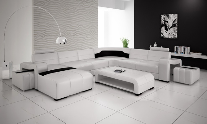 Luxurious leather sectional sofa upholstery corner suite U shape white sofa set couch