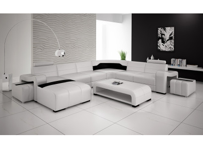 Luxurious leather sectional sofa upholstery corner suite U shape white sofa set couch
