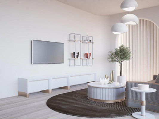 Living room wooden furniture TV stand design 2x wall shelves modern decor