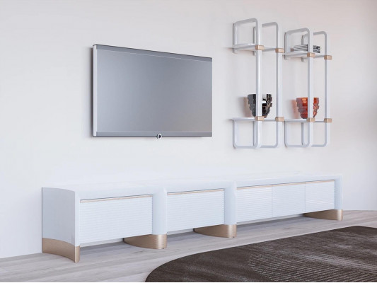Living room wooden furniture TV stand design 2x wall shelves modern decor