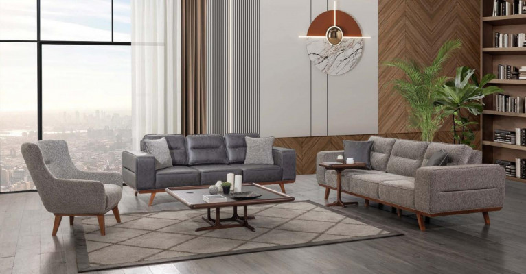 Gray Complete Living Room Sofa Set 2x Three-Seater Armchair 3-Piece Set