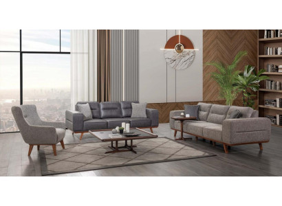 Gray Complete Living Room Sofa Set 2x Three-Seater Armchair 3-Piece Set