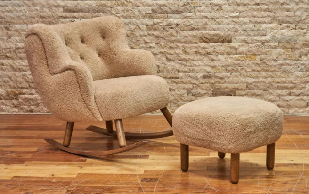 Beige Rocking Chair Luxury Ottoman Living Room Set Upholstered Ottoman 2-piece