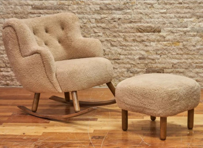 Beige Rocking Chair Luxury Ottoman Living Room Set Upholstered Ottoman 2-piece