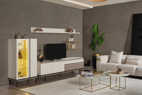 White Living Room Set Designer TV Stand Luxury LED Display Cabinet Wood Shelf