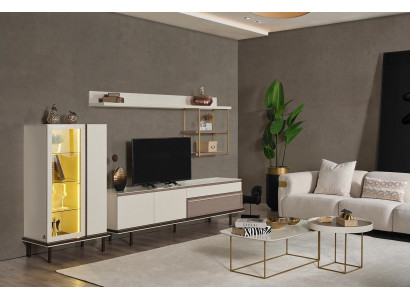 White Living Room Set Designer TV Stand Luxury LED Display Cabinet Wood Shelf