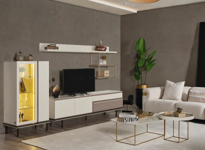 White Living Room Set Designer TV Stand Luxury LED Display Cabinet Wood Shelf