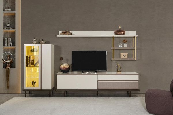 White Living Room Set Designer TV Stand Luxury LED Display Cabinet Wood Shelf