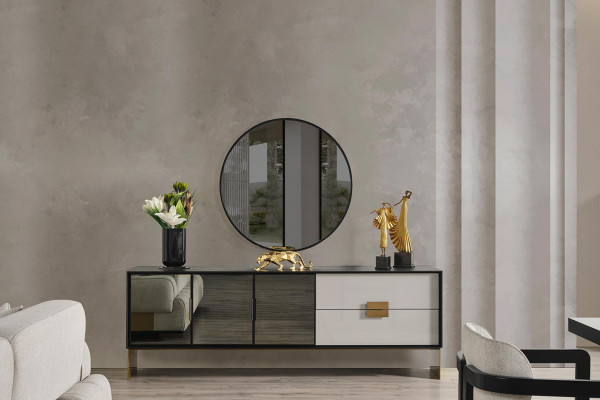 Black Living Room Set Designer Sideboard Luxury Mirror 2-Piece Set New