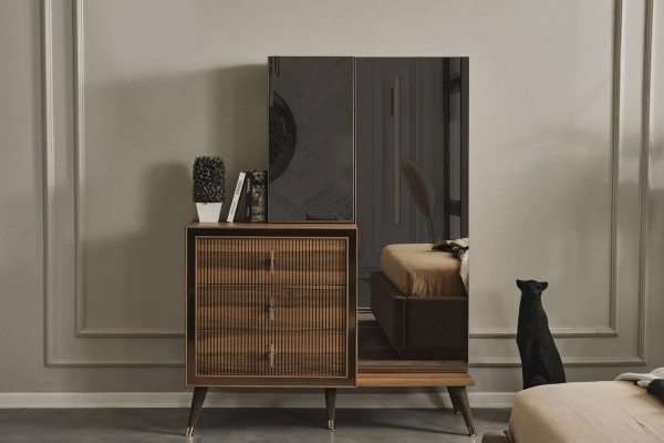 Brown bedroom furniture dresser with mirror luxury wood set 3-door