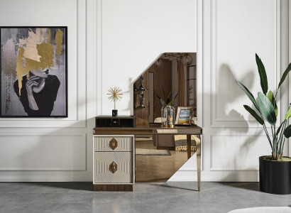 White-Brown Makeup Table Designer Mirror Bedroom Furniture 2-Piece Set