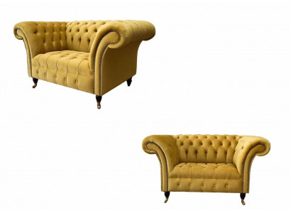 Chesterfield Armchair Furniture Set 2x Single Seater Set Couch Sofa Yellow Textile