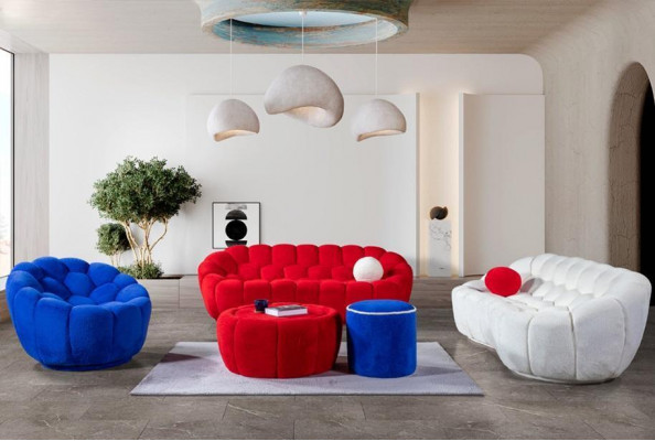 Large living room seating set designer 3-seater 2x upholstered stools armchair