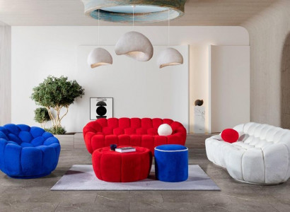 Large living room seating set designer 3-seater 2x upholstered stools armchair