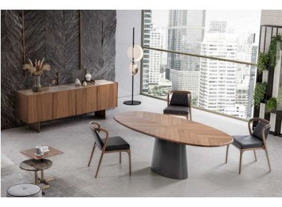 Luxury dining room set: dining table with modern designs, 6 chairs, and 2 coffee tables.