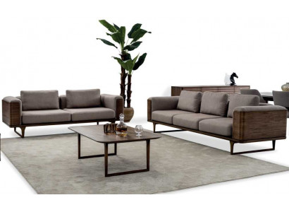 Design living room set: 2x sofas with coffee table, luxury wood with textile
