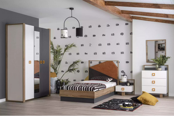 Bedroom set bed children's room set designer gray 5-piece wood