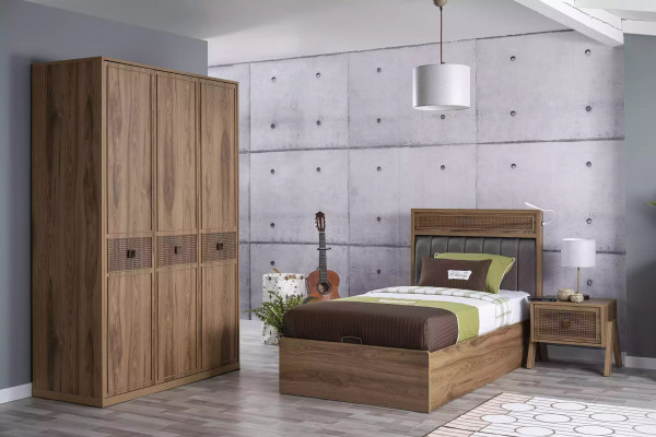Bed with storage box, bed frame, children's bed, youth bed, brown wood, luxury