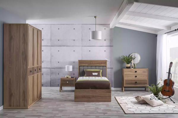 Wooden bed with storage box complete youth bed wood brown set 4-piece