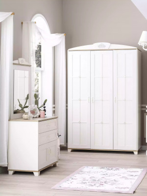 Bedroom furniture wardrobe set 3-piece chest of drawers wood white
