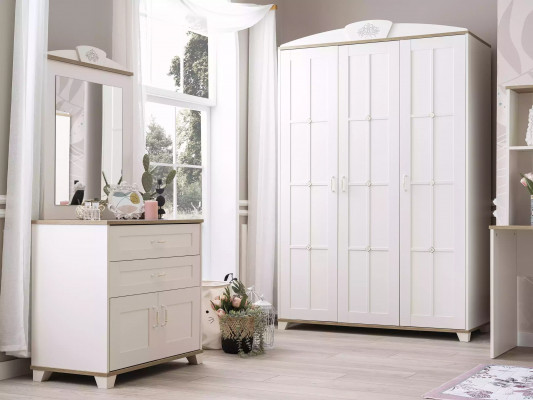 Bedroom furniture wardrobe set 3-piece chest of drawers wood white