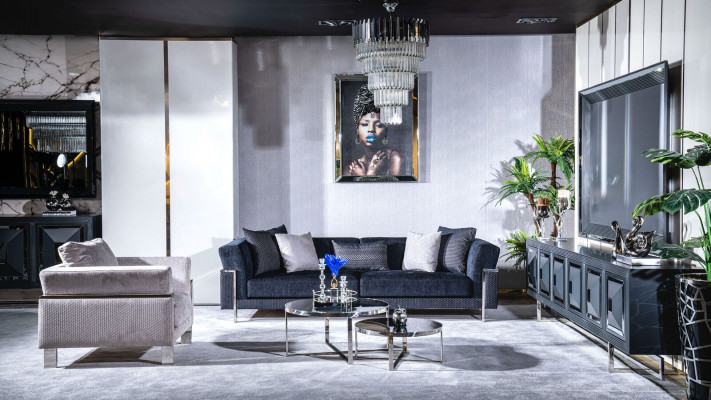 Living room sofa set 3+1 mirror coffee table seat set design