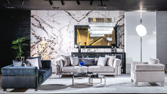 Living room sofa set 3+1 mirror coffee table seat set design