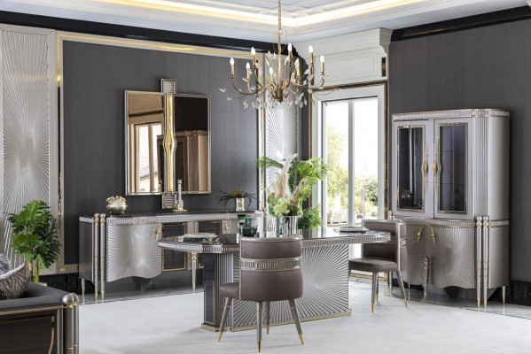 Dining Room Set Gray Dining Table Luxury 4x Chairs Sideboard Mirror Display Cabinet Luxury 8-piece.