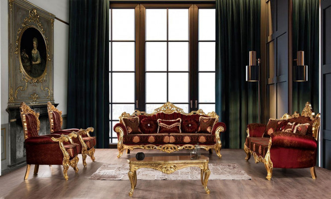 Luxury Three-Seater Sofa Upholstered Furniture Velvet Baroque Red 3-Seat Sofa New