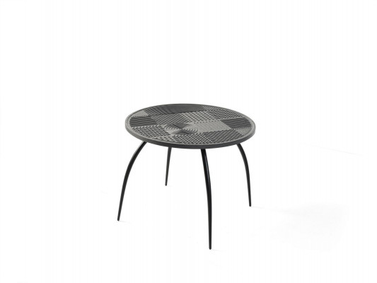 Original black round coffee table with carved tabletop