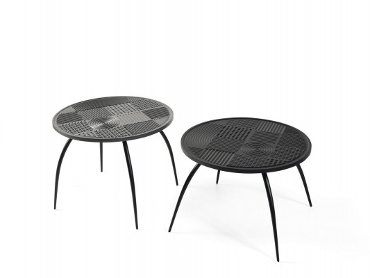 Original black round coffee table with carved tabletop