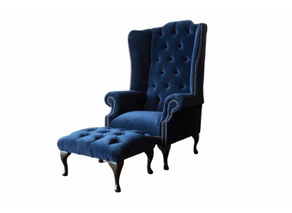 Chesterfield wing chair with stool, relaxer 1-seater sofa, single seat 2-piece set