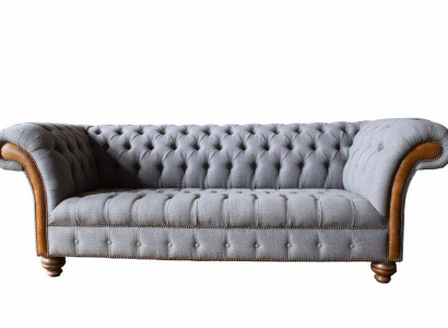 Chesterfield Fabric Sofa Luxury Couch Upholstered Seating Gray Textile