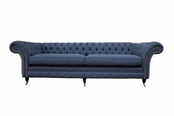 Design Chesterfield Sofa 4 Seater Fabric Couch Blue Upholstery Living Room