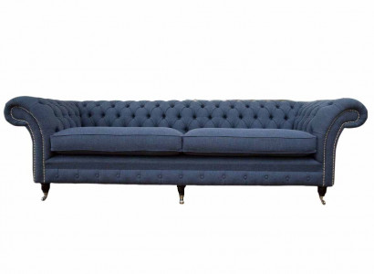 Design Chesterfield Sofa 4 Seater Fabric Couch Blue Upholstery Living Room