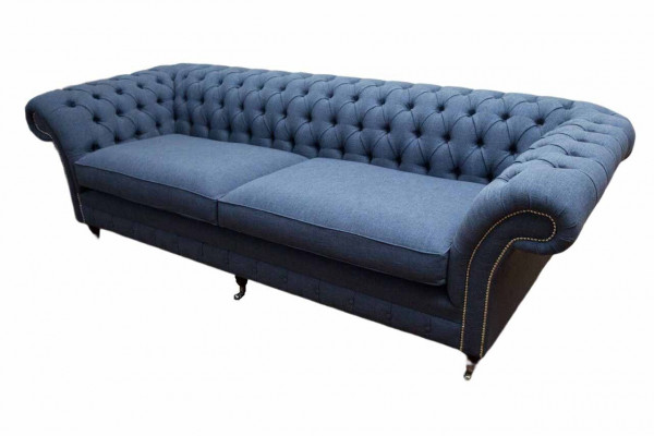 Design Chesterfield Sofa 4 Seater Fabric Couch Blue Upholstery Living Room
