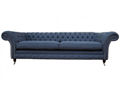 Design Sofa 4-Seater Couch Textile Upholstery Blue Sofas Chesterfield New