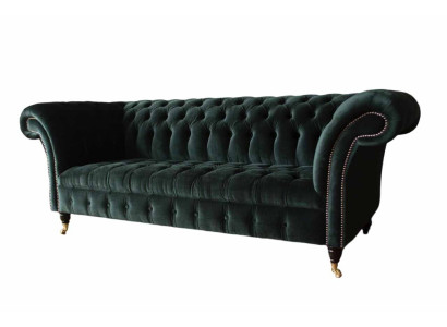 Chesterfield Sofa Design Couch 3-Seater Upholstered Fabric Upholstered Green New