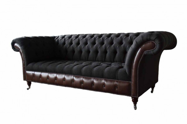 Chesterfield 3-Seater Sofa Couch Leather Upholstery Seat Fabric Black New