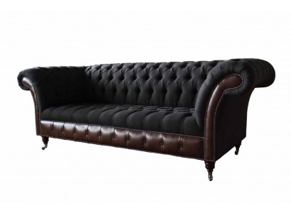 Chesterfield 3-Seater Sofa Couch Leather Upholstery Seat Fabric Black New