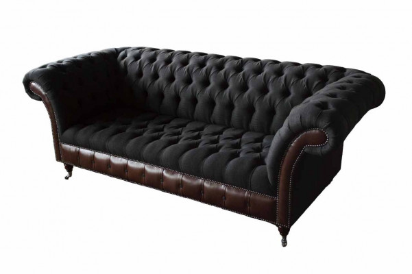 Chesterfield 3-Seater Sofa Couch Leather Upholstery Seat Fabric Black New