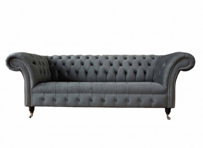 English Chesterfield Sofa Couch Office Furniture Three-Seater Velvet 230cm Gray