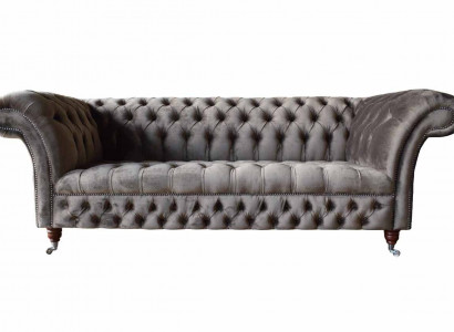 English Chesterfield Sofa Couch Office Furniture Three-Seater Velvet 230cm Taupe