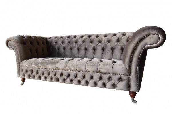 English Chesterfield Sofa Couch Office Furniture Three-Seater Velvet 230cm Taupe